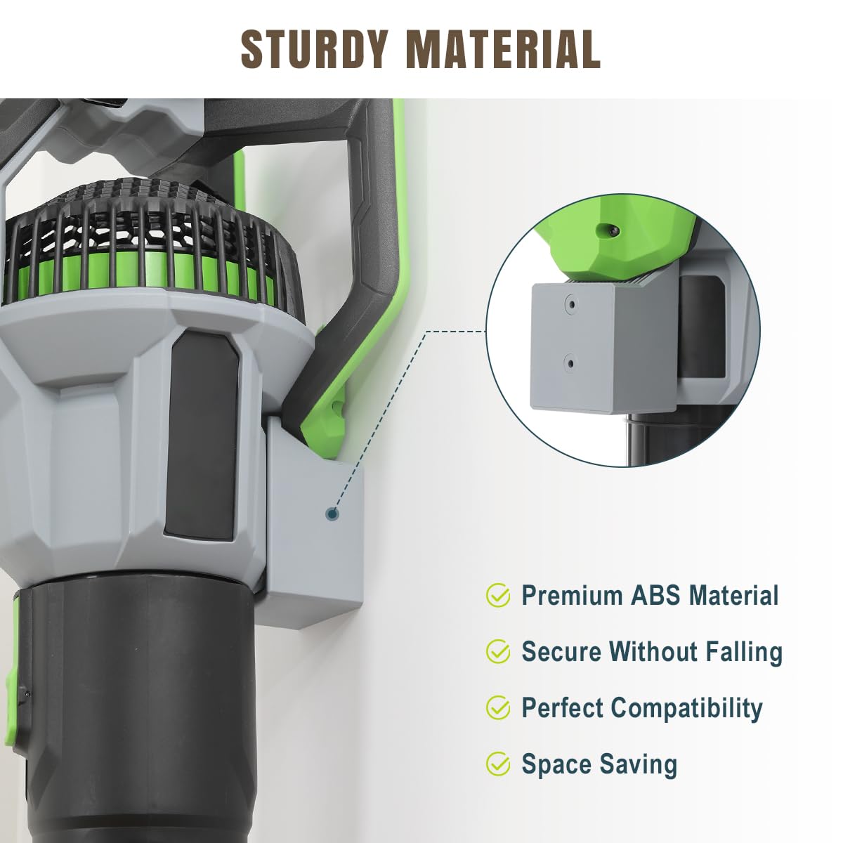 Lenink wall mount demonstrates compatibility with EGO LB7650 for easy blower access