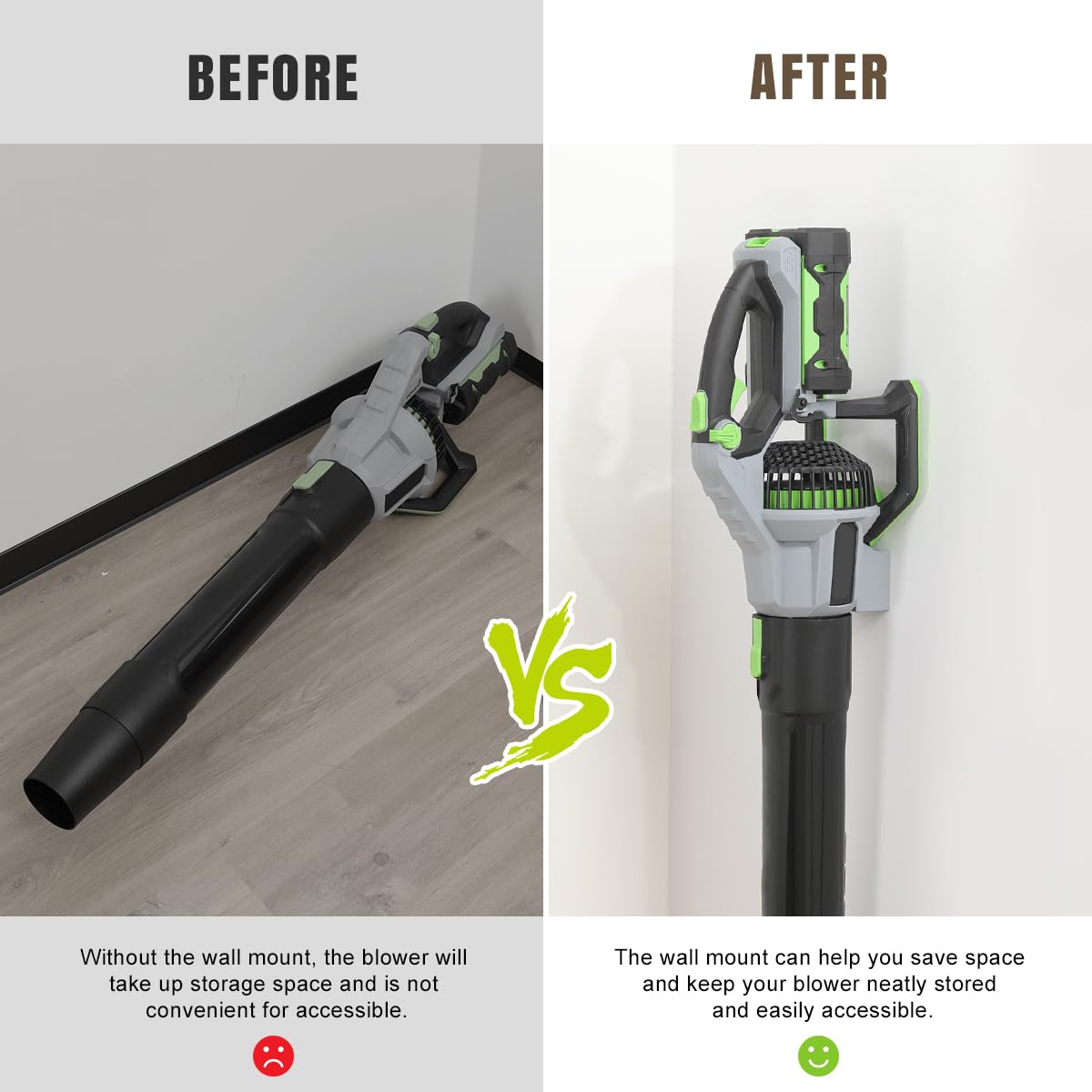 Lenink wall mount on garage wall saves space and keeps blower within reach