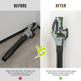 Lenink wall mount on garage wall saves space and keeps blower within reach