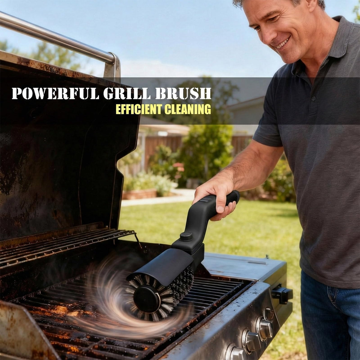 Lenzhan grill brush with a 3-speed motor adapts to light, medium, and heavy cleaning.