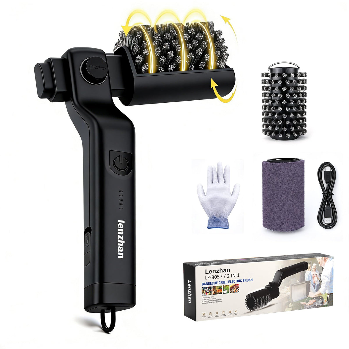 Lenzhan cordless grill brush with adjustable head cleans hard-to-reach grates quickly.