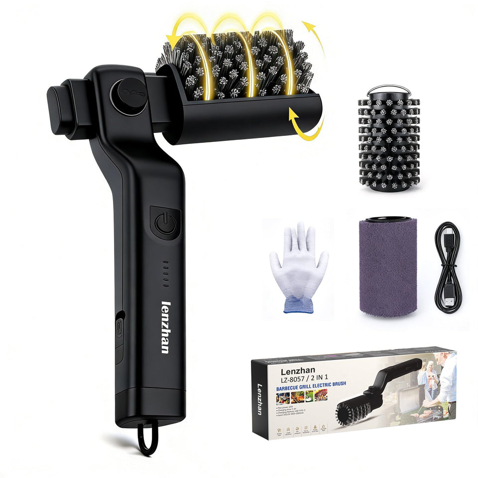 Lenzhan cordless grill brush with adjustable head cleans hard-to-reach grates quickly.