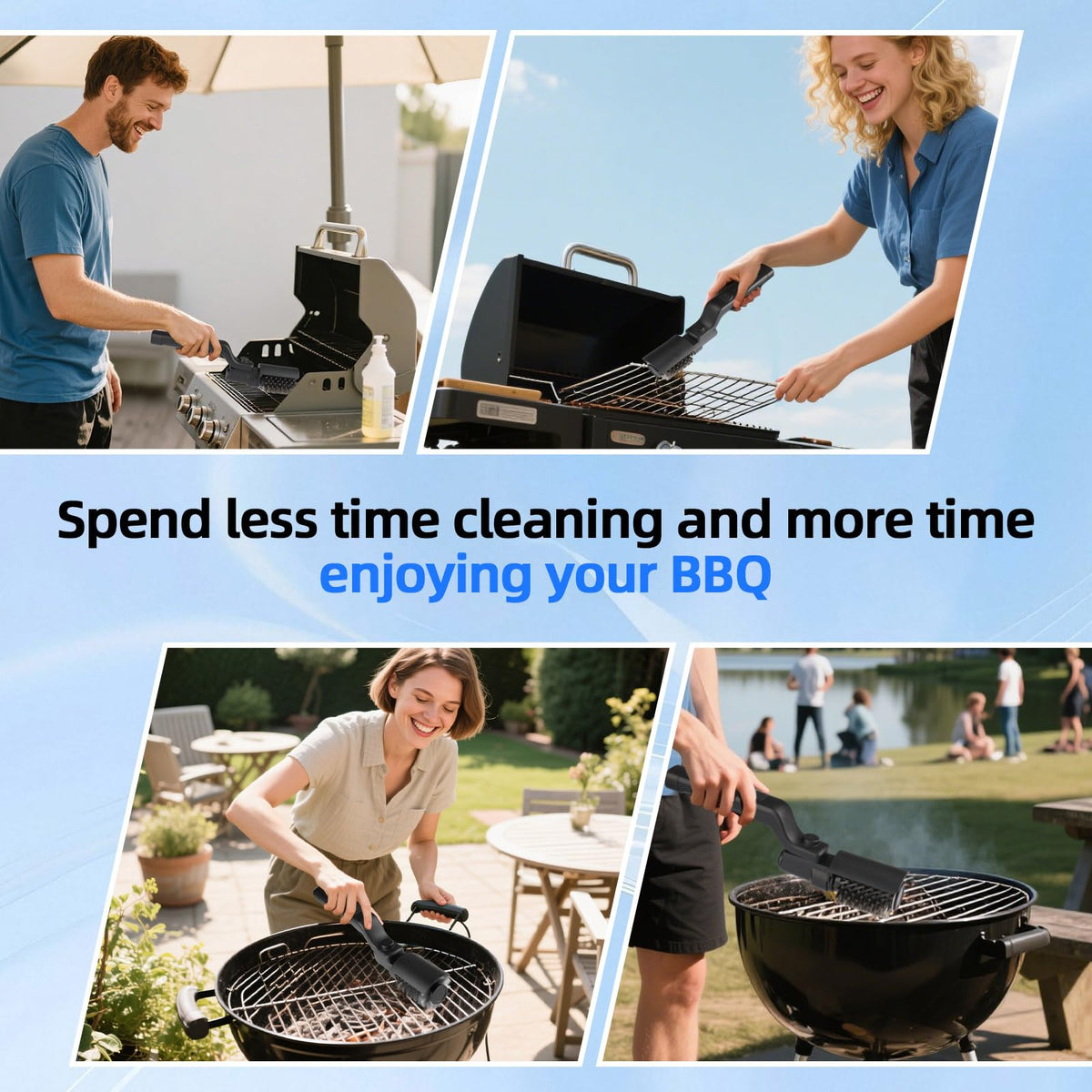Lenzhan cordless grill brush with an ergonomic handle reduces fatigue while cleaning.