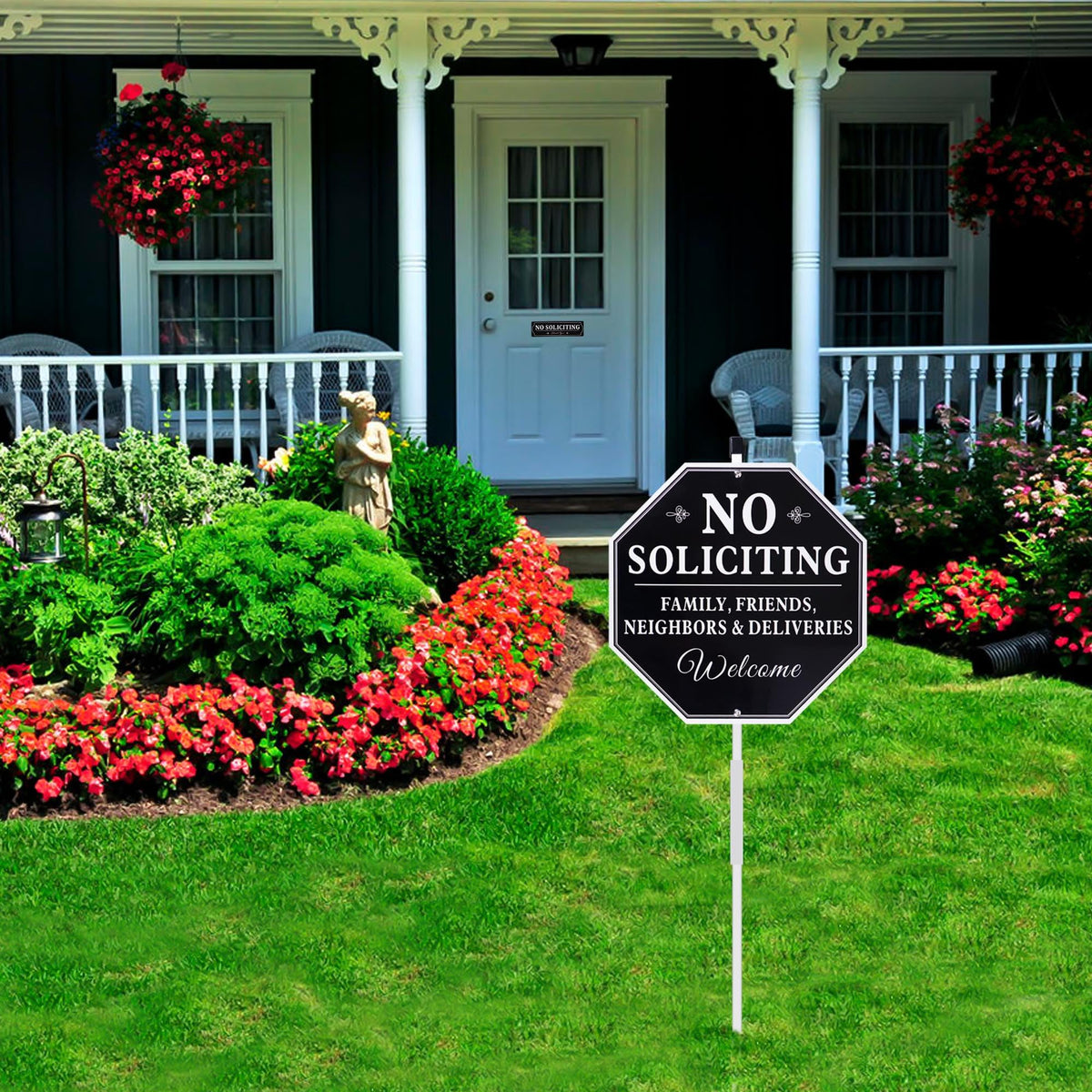 Lenzwan weatherproof no soliciting sign designed for front yard visibility.