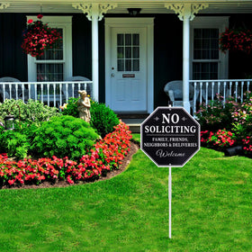 Lenzwan weatherproof no soliciting sign designed for front yard visibility.