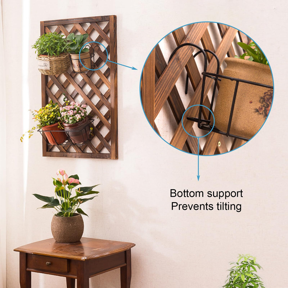 Leoenir hanging planter on a fence with bright flowers adds charm.