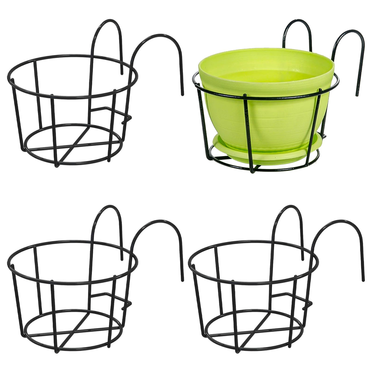 Leoenir round hanging planter on balcony railing with colorful blooms for curb appeal.