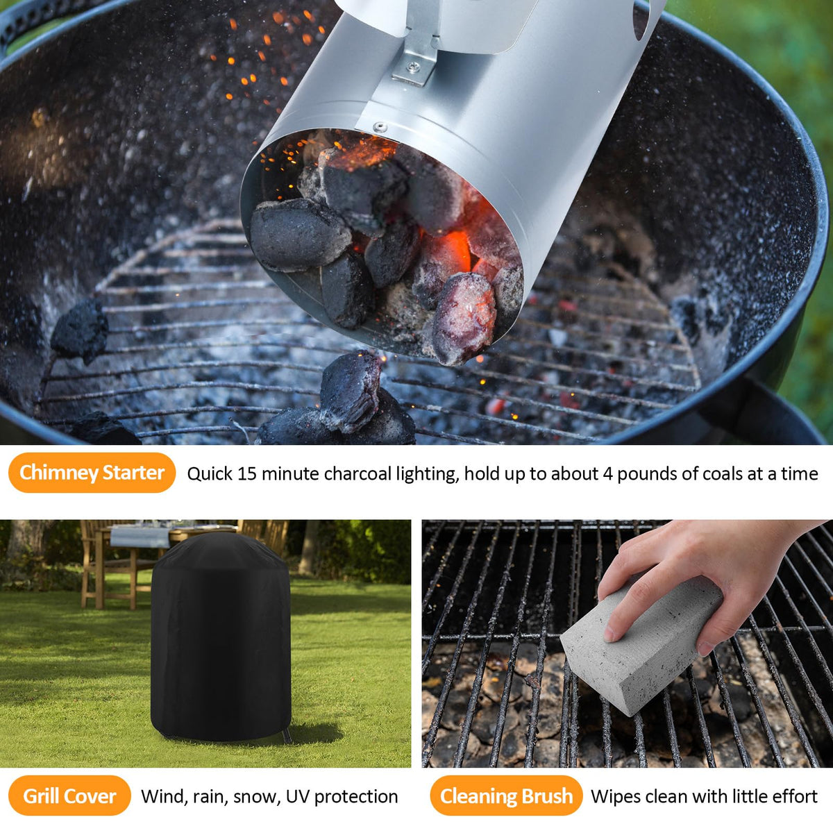 Leonyo 18-inch kettle grill chimney starter and accessories for fast lighting.
