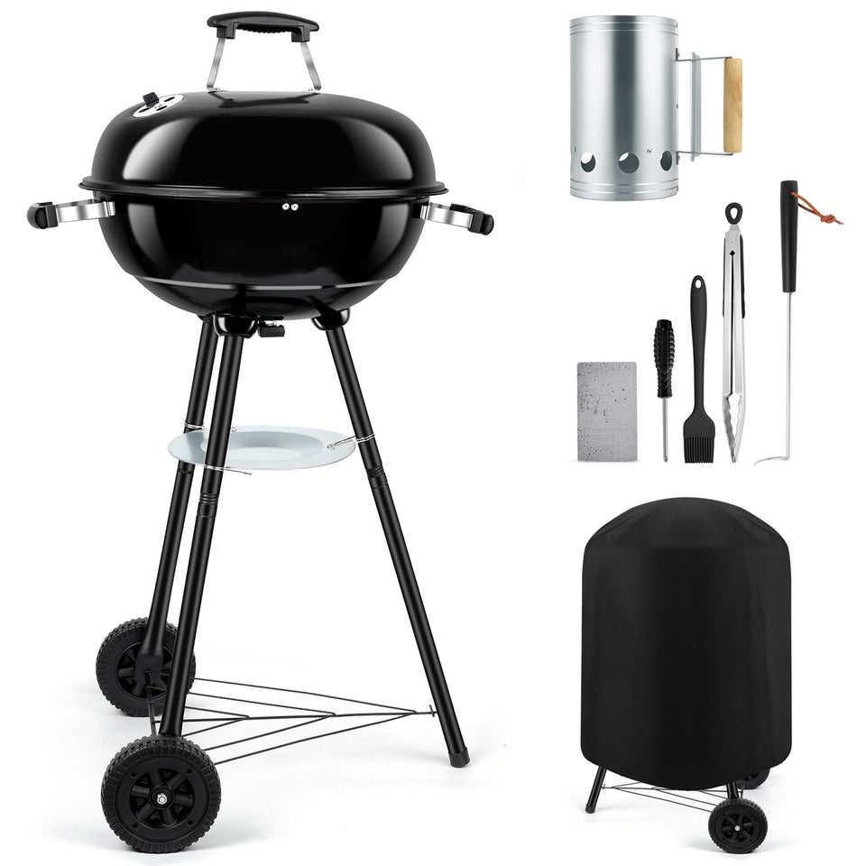 Leonyo 18-inch kettle grill front view with durable enamel for even heat.