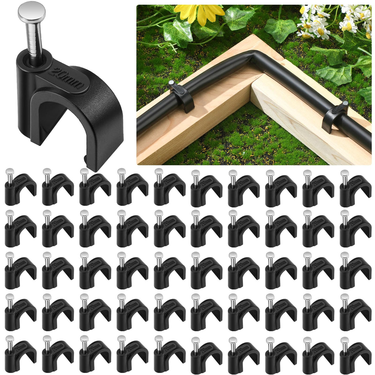 Leriton 100pcs 1/2-inch tubing clip secures drip lines for tidy irrigation layout.