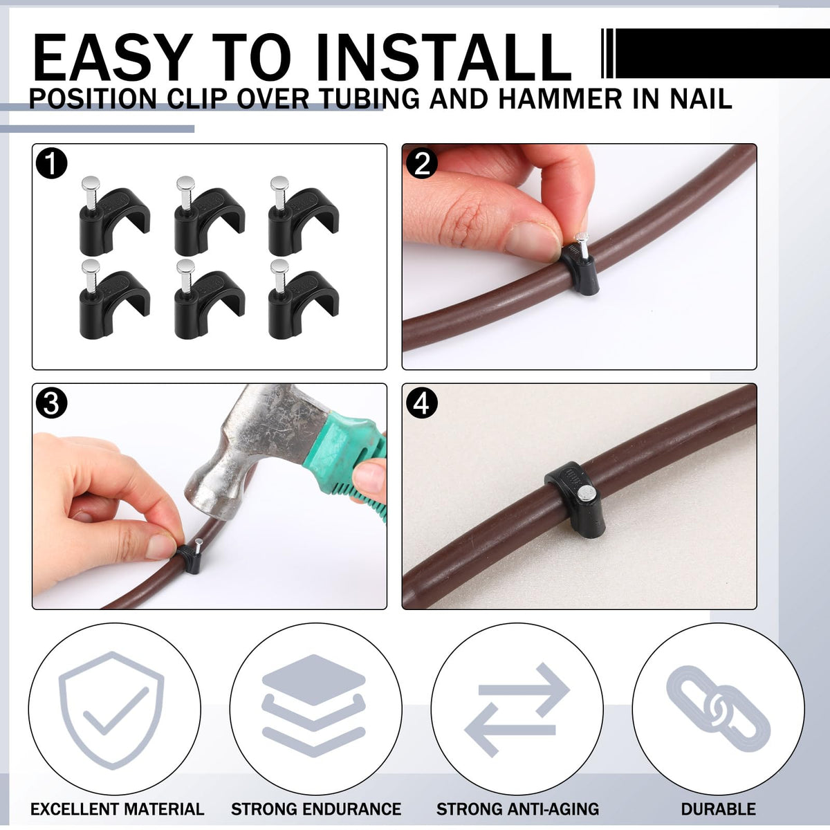 Leriton clip attached to deck rail enables secure tubing along planters.