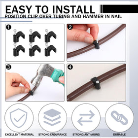 Leriton clip attached to deck rail enables secure tubing along planters.
