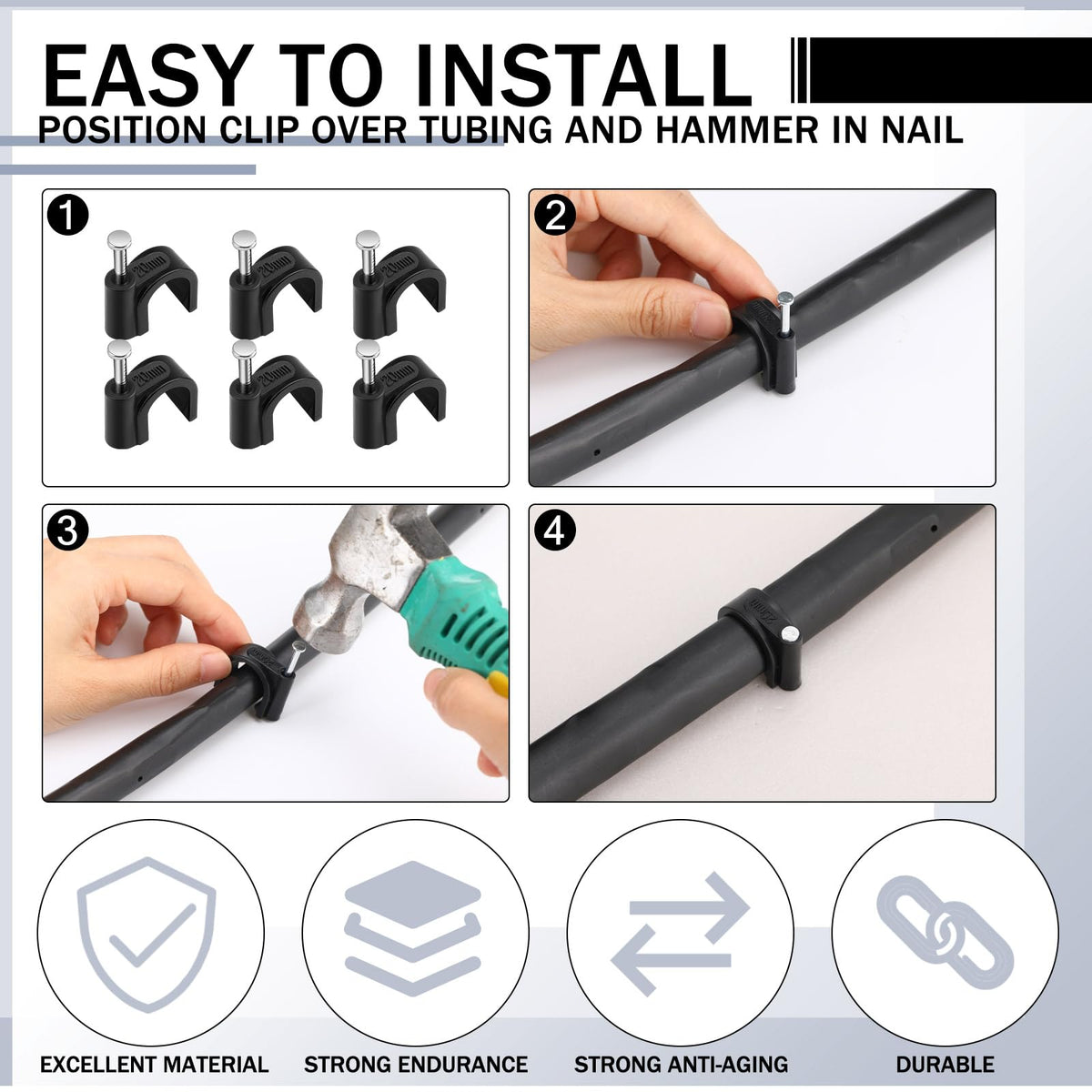 Leriton tubing clip secures drip lines to fences and planters with hammer-in ease.