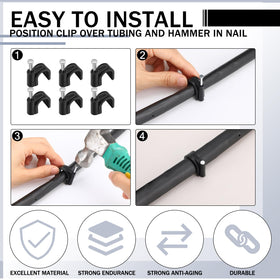Leriton tubing clip secures drip lines to fences and planters with hammer-in ease.