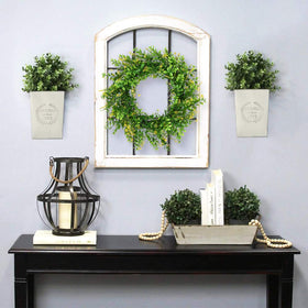 LESEN galvanized metal wall planter on wood backdrop promotes vintage farmhouse vibe.