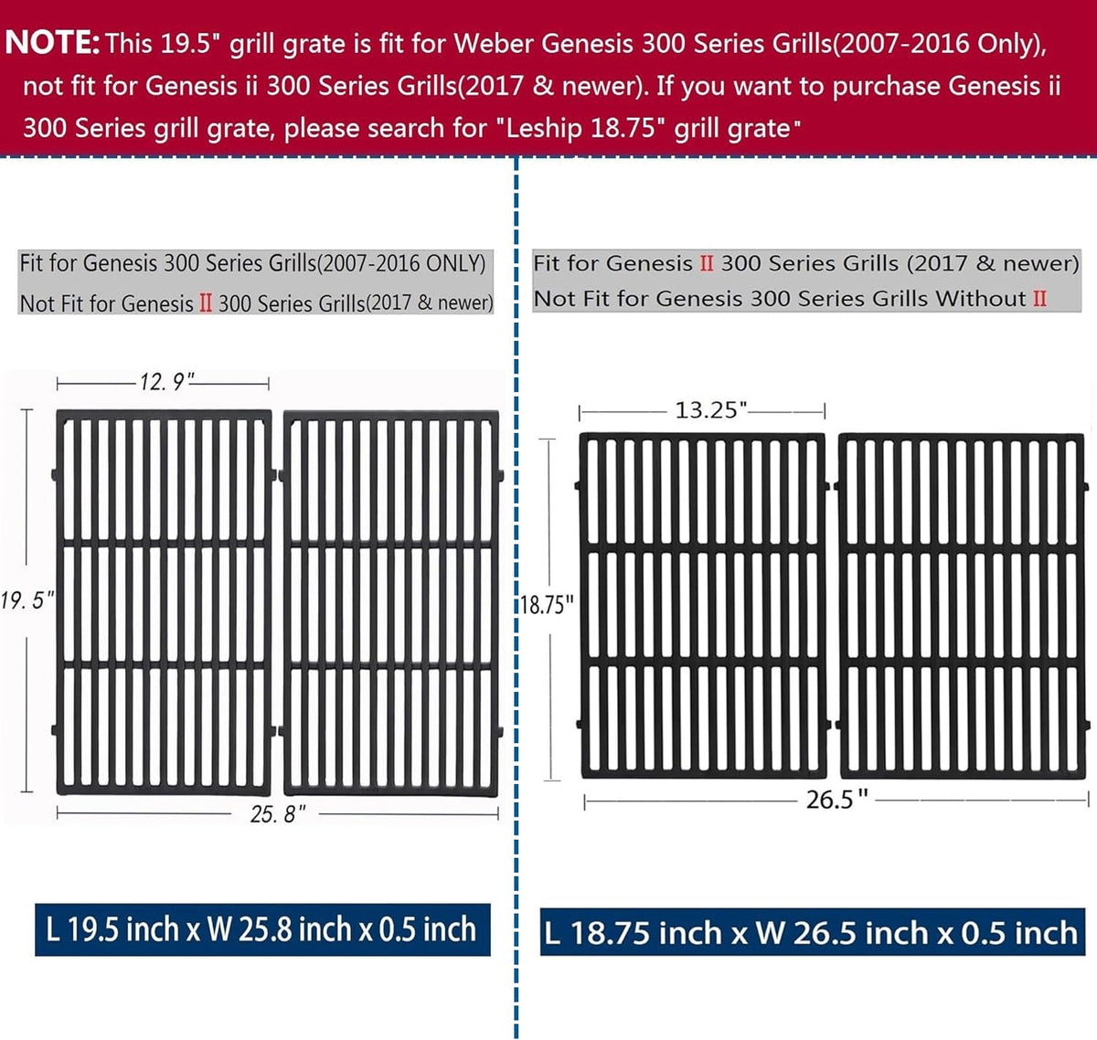 Leship fitment note helps confirm Weber Genesis 300-2007-2016 compatibility, avoiding Genesis II models