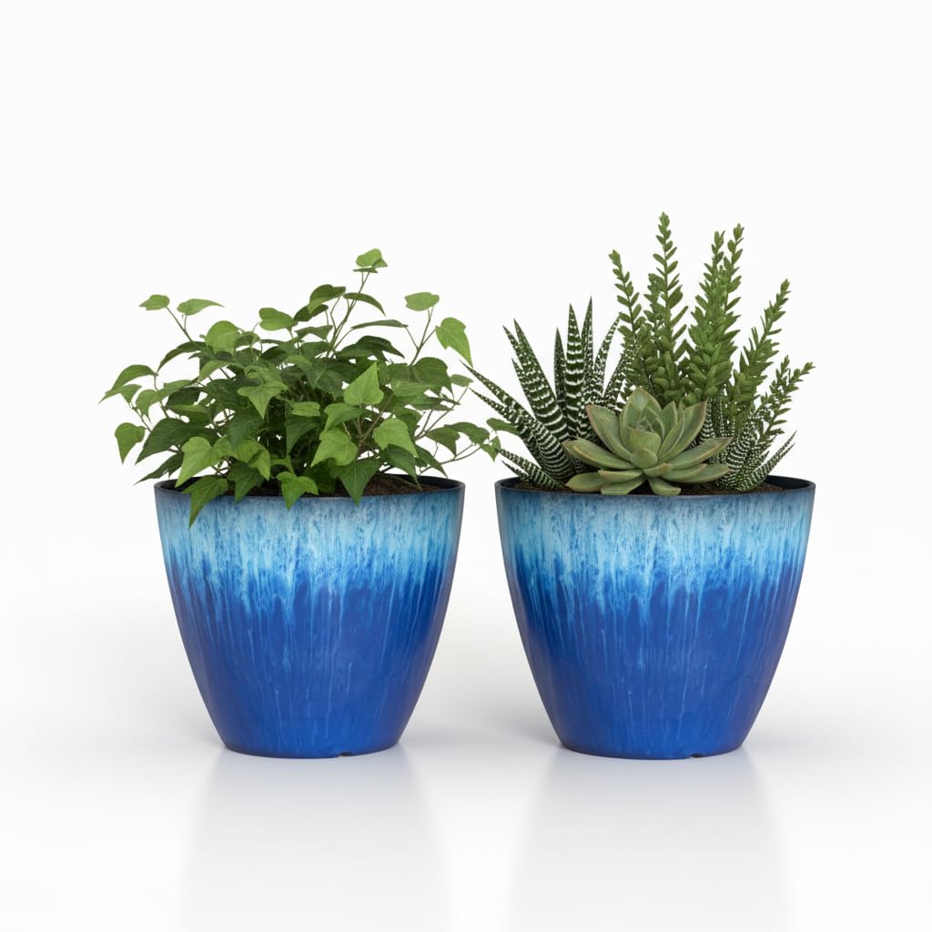 LESOASIS two-pack blue glaze 8-inch planters arranged together for modern indoor decor.