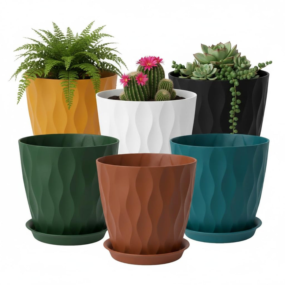 LESOASIS 8-inch orange pot with wave texture for indoor displays.