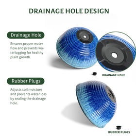 LESOASIS drainage hole detail on blue glaze planter supports plant care.