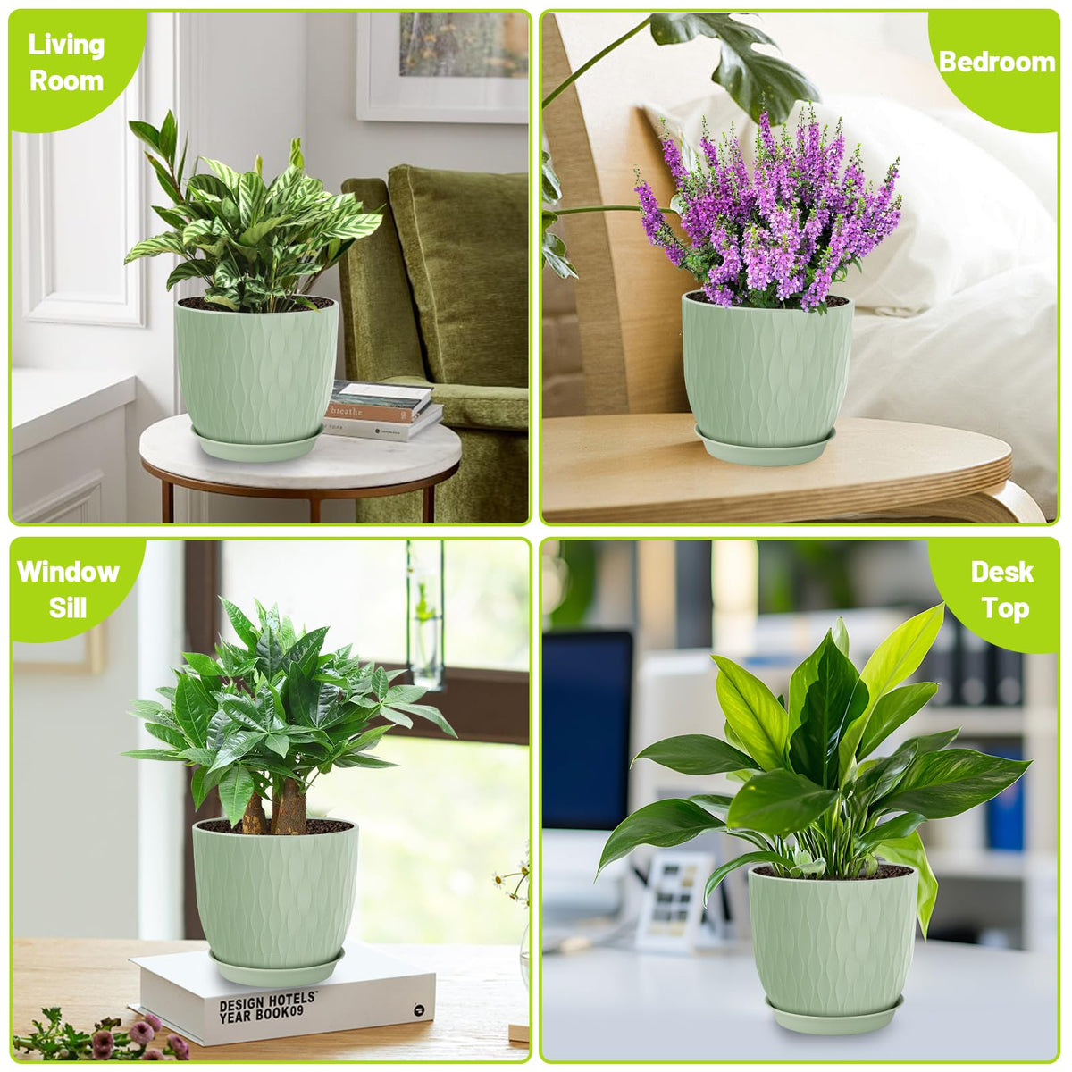 LesOASIS green modern planter adds a clean, stylish touch to a plant corner.