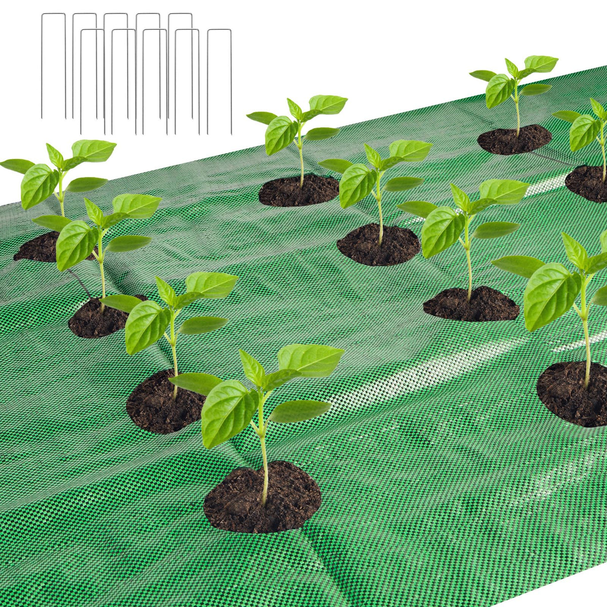 letesult weed barrier fabric with planting holes for easy garden setup and weed control.