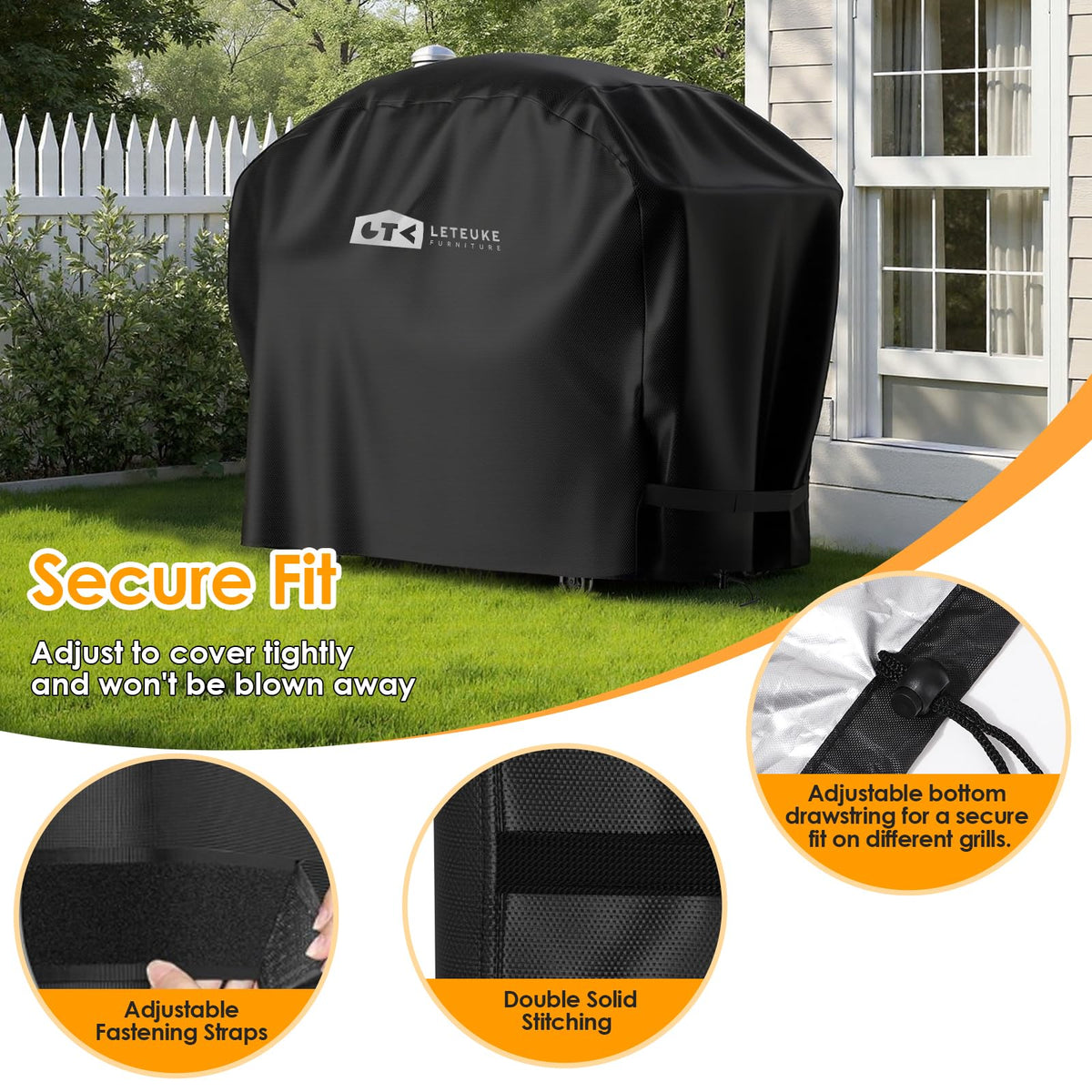 Adjustable straps and drawstring securing the Leteuke grill cover