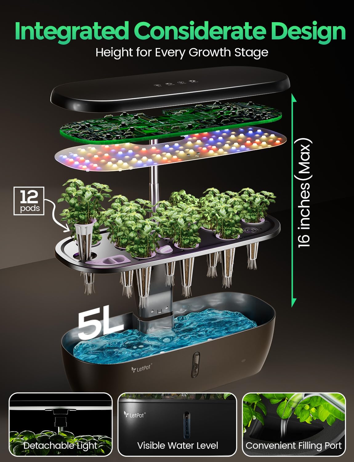 LETPOT 5.5L reservoir and quiet pump minimize refills and noise