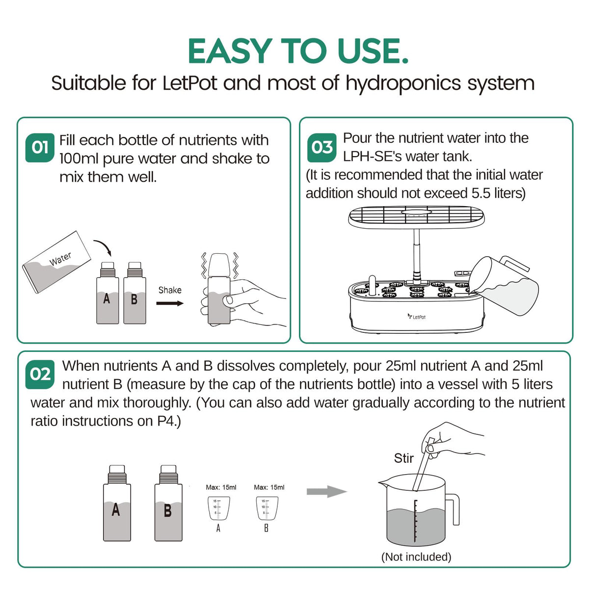 LETPOT Plant Food A&B dispensing action showing easy, consistent nutrient delivery.