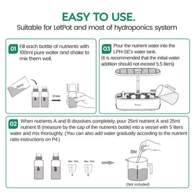 LETPOT Plant Food A&B dispensing action showing easy, consistent nutrient delivery.