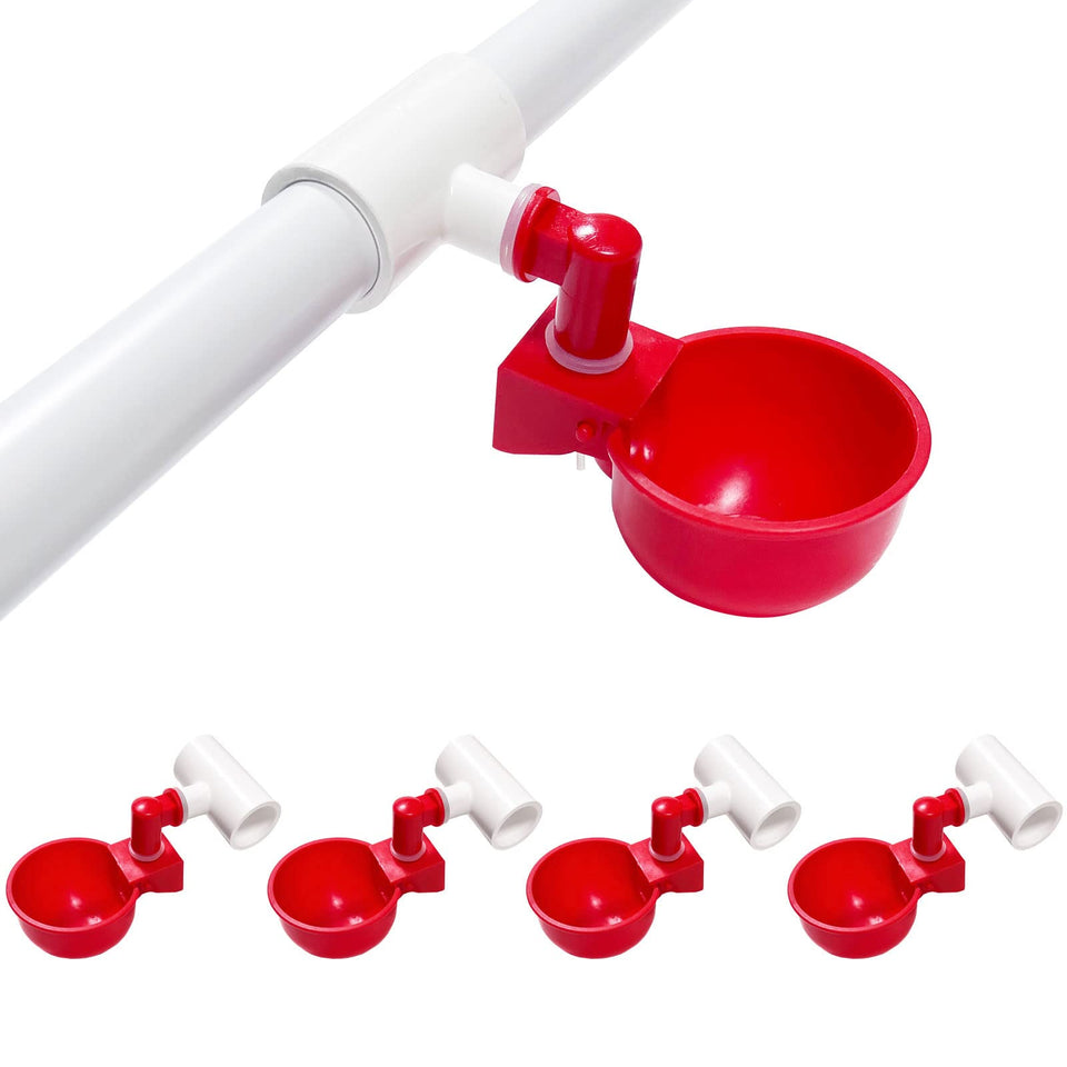 LetsFix chicken water cups attached to PVC tee for leak-free coop watering.