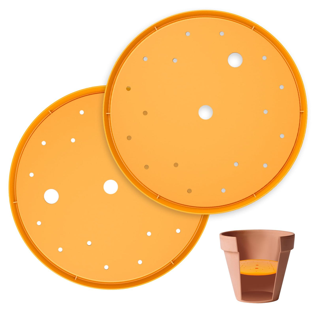 Lettry 13-inch orange round planter insert showing drainage holes for moisture control