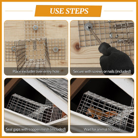 Copper mesh and adjustable flaps sealing a hole with Lettry excluder
