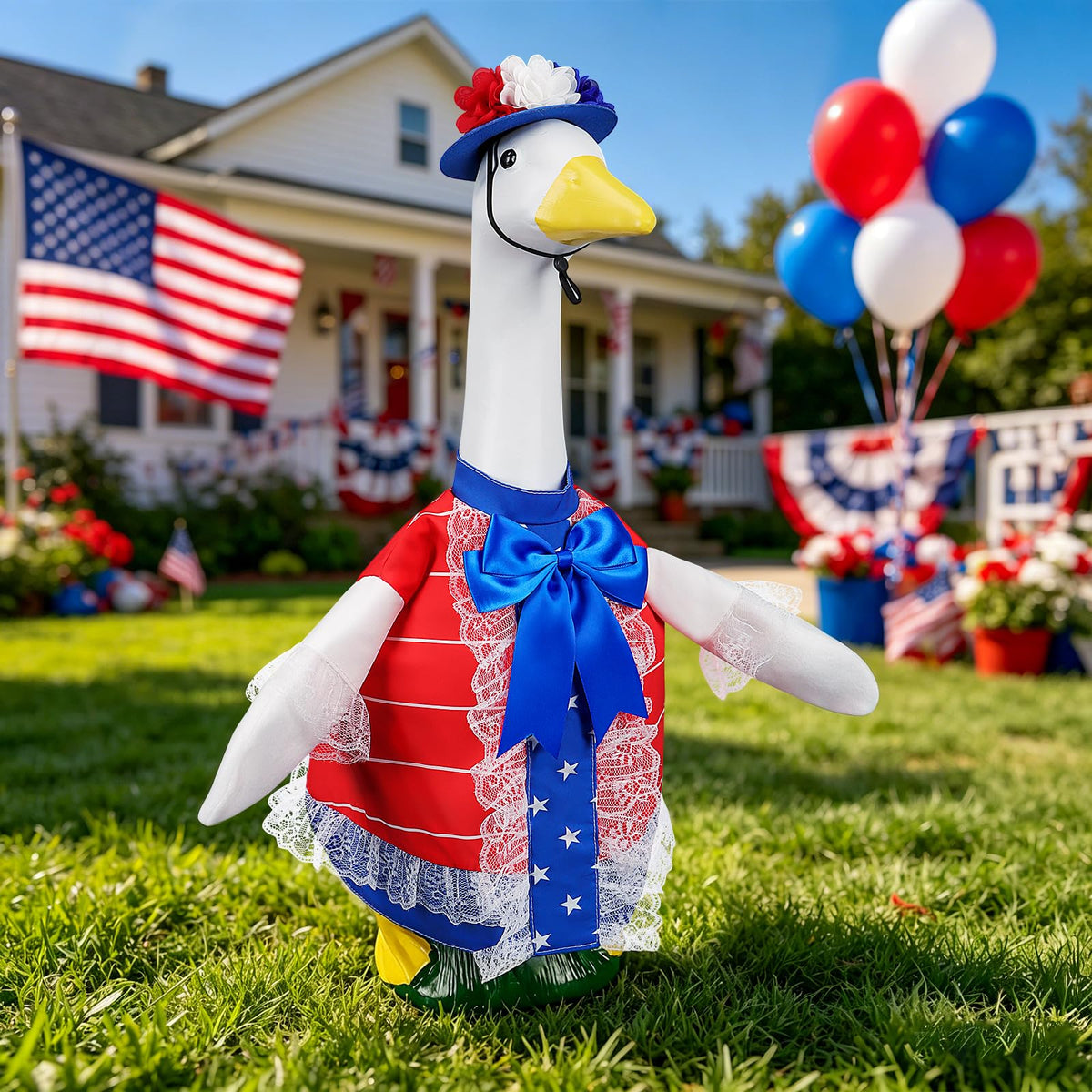 Lettry goose outfit lace-detail highlights elegant holiday style for yard displays.
