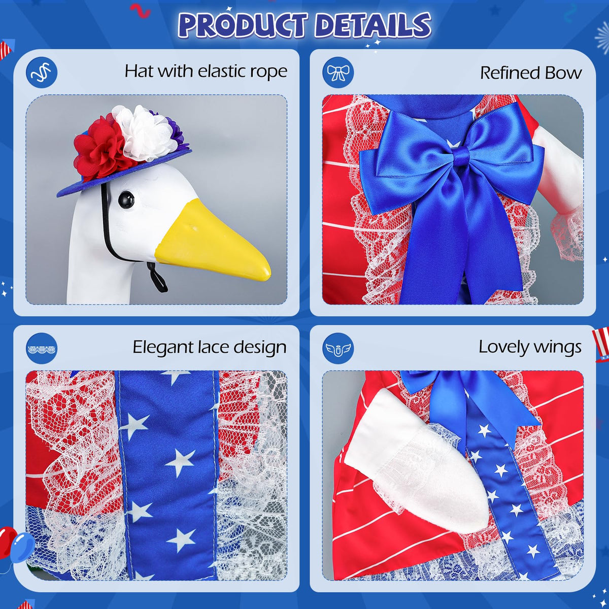 Lettry goose outfit on statue closeup emphasizes fine craftsmanship and festive detail.