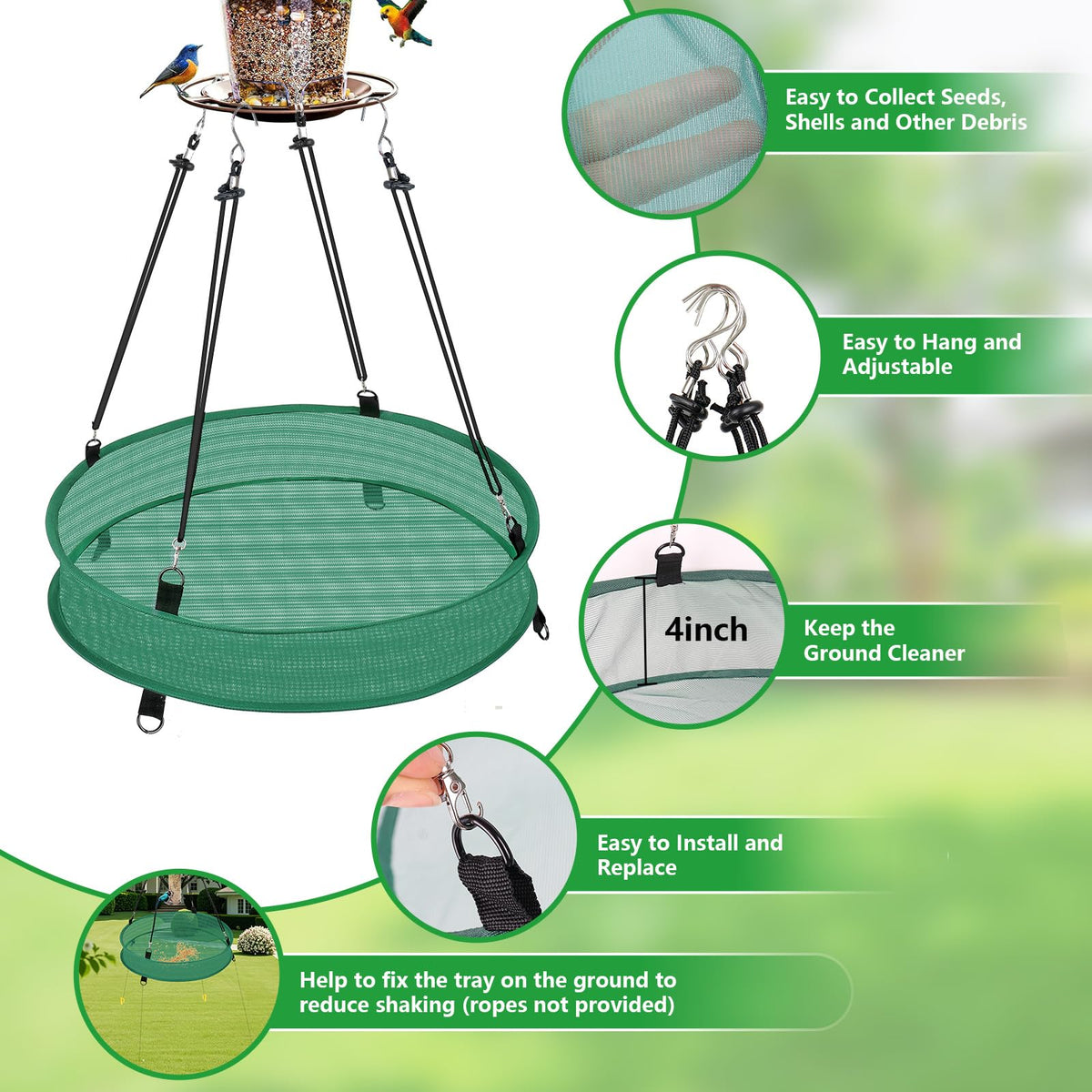 Lettry hanging bird feeder platform with seed catcher installed outdoors.