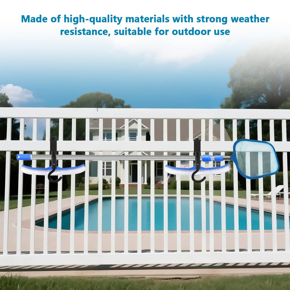 Lettry pool hook set fits wood, vinyl, and metal fences for easy organization.