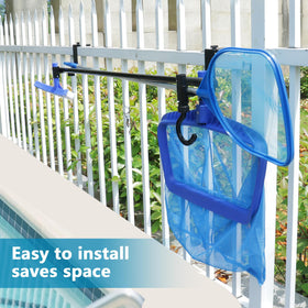 Lettry pool fence hooks mounted on a railing hold skimmer, pole, and head cleanly.