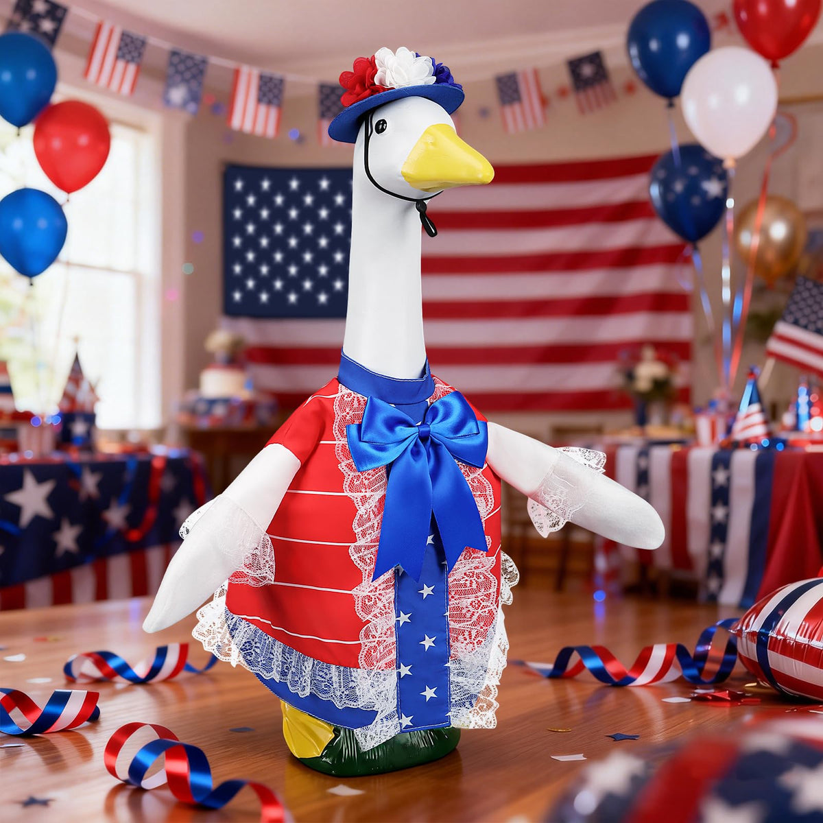 Lettry porch goose statue display with outfit creates eye-catching garden focal point.