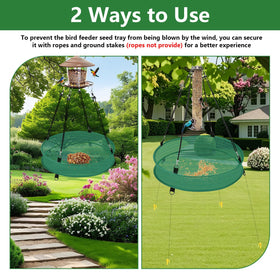 Lettry seed hoop under feeder captures shells and debris to reduce mess.