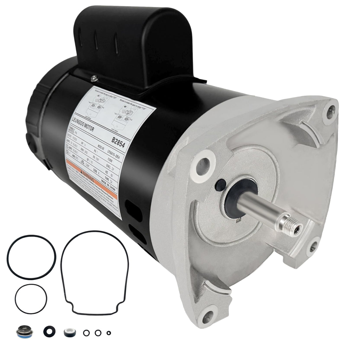 LEUNGOO B2854 pool pump motor front view showing 115/230V compatibility for easy installs