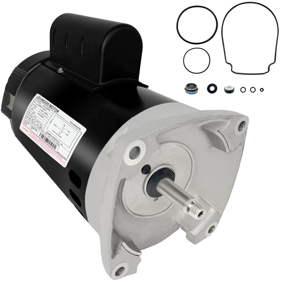 LEUNGOO B2855 pool pump motor front view shows durable construction for reliable pool circulation