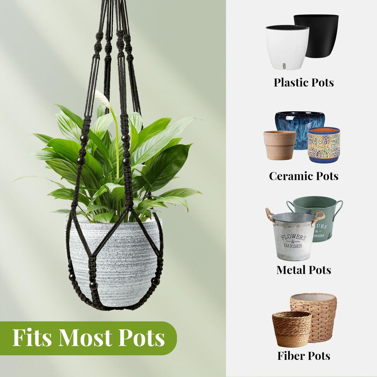 LEWESU 35-inch black macrame hanger complements potted plants
