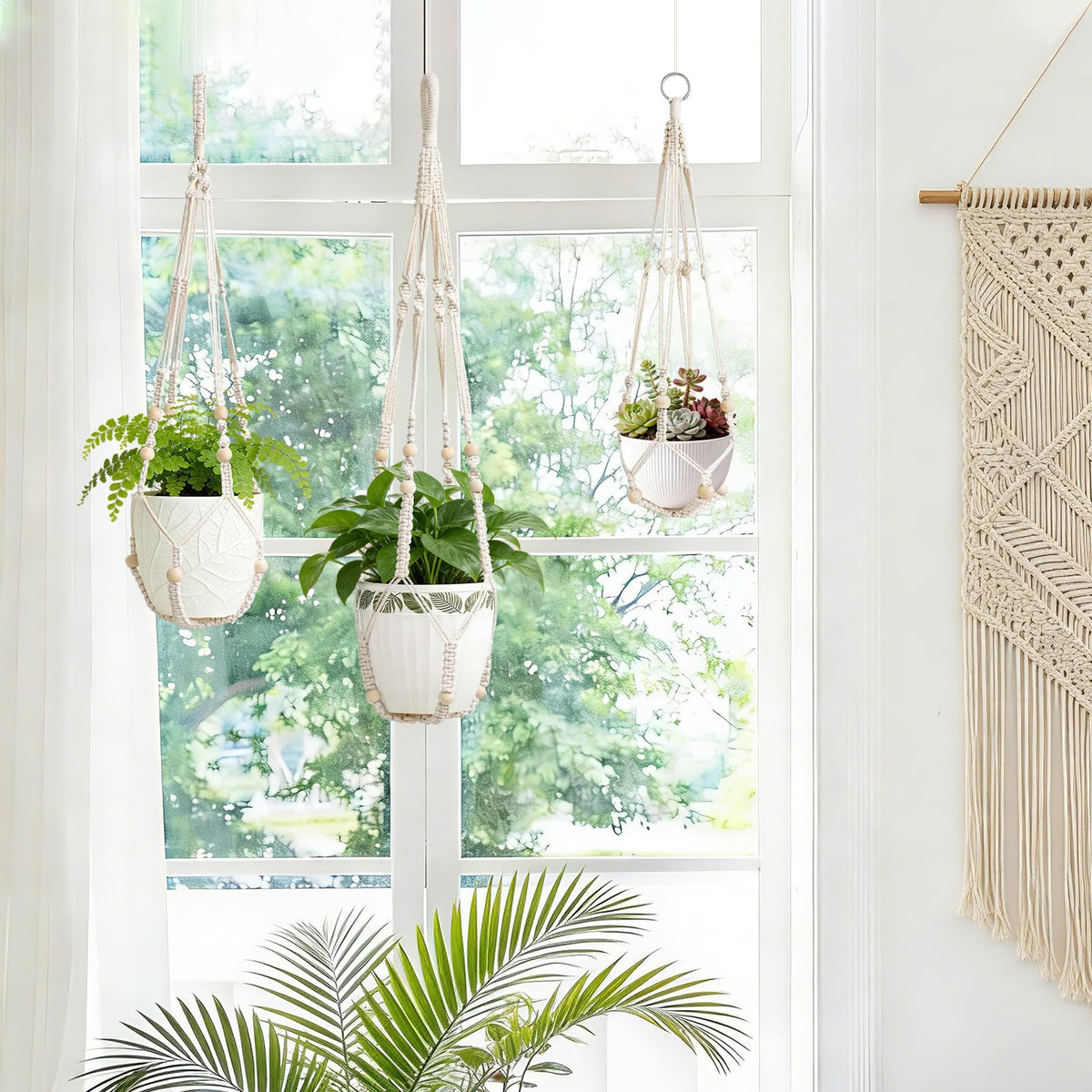 LEWESU macrame plant hanger 30 inch ivory for indoor display and easy pot fit