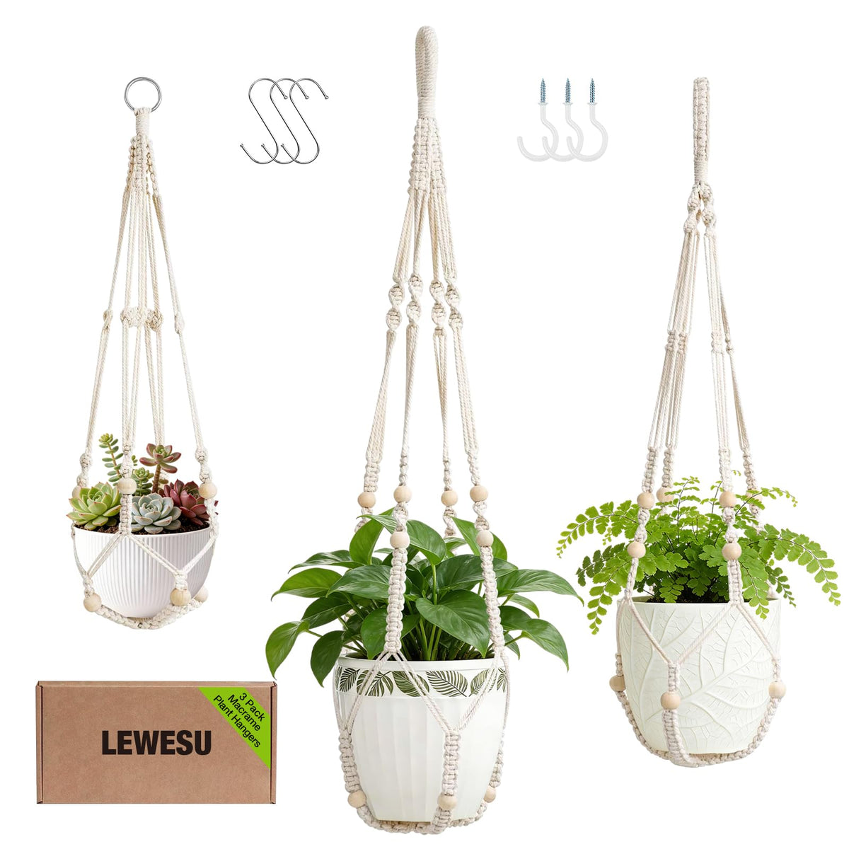 LEWESU macrame plant hanger 35 inch ivory with wood beads enhances boho plant display