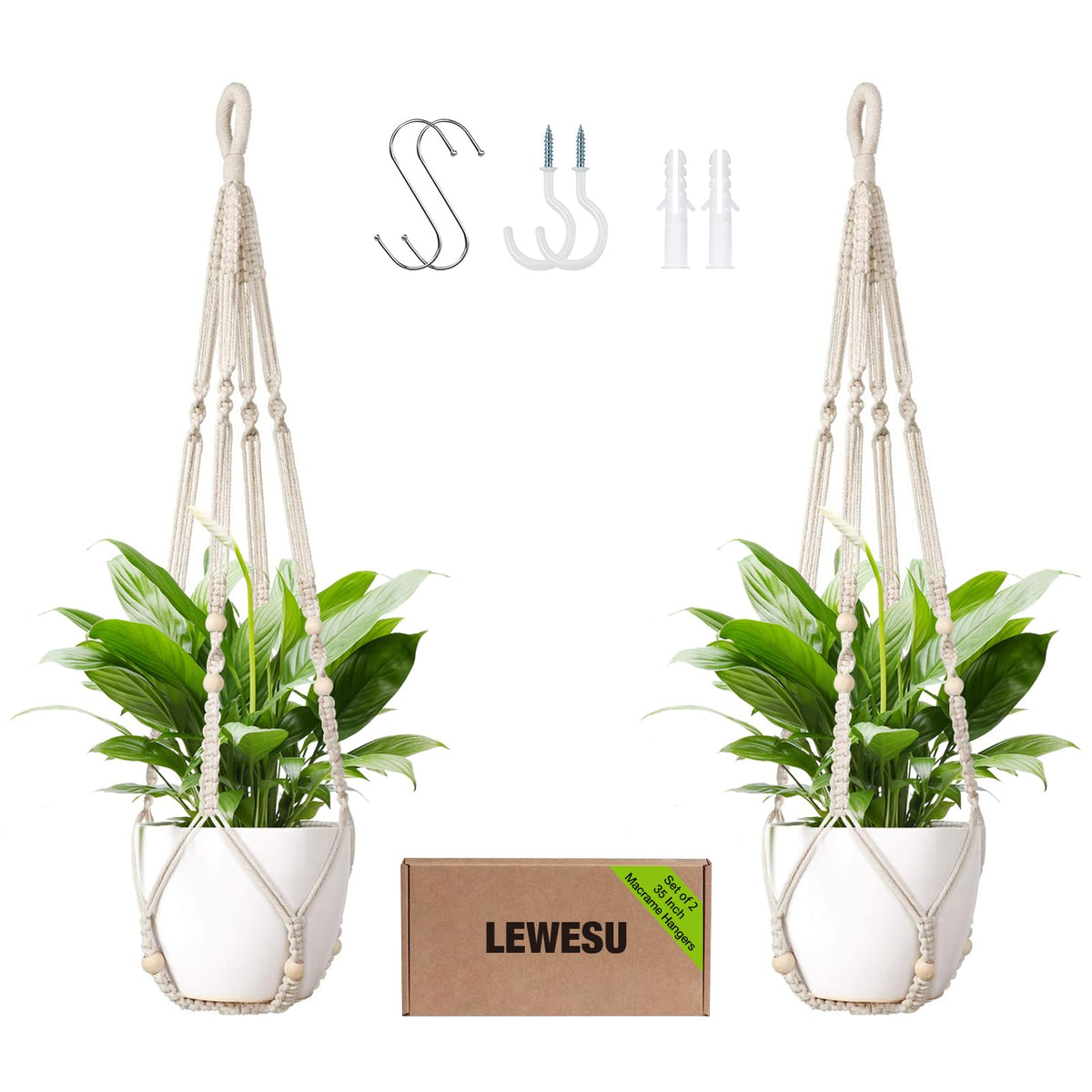 LEWESU macrame plant hanger set with wood beads enhances greenery display.