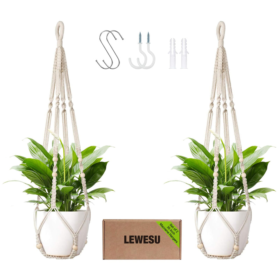 LEWESU macrame plant hanger set with wood beads enhances greenery display.