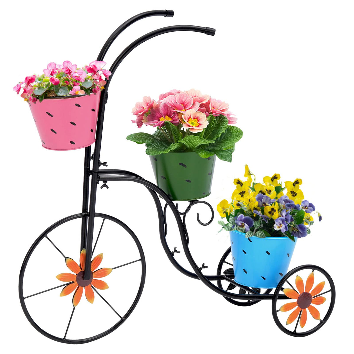 LEWIS&WAYNE tricycle planter with pink pails brightens outdoor spaces.