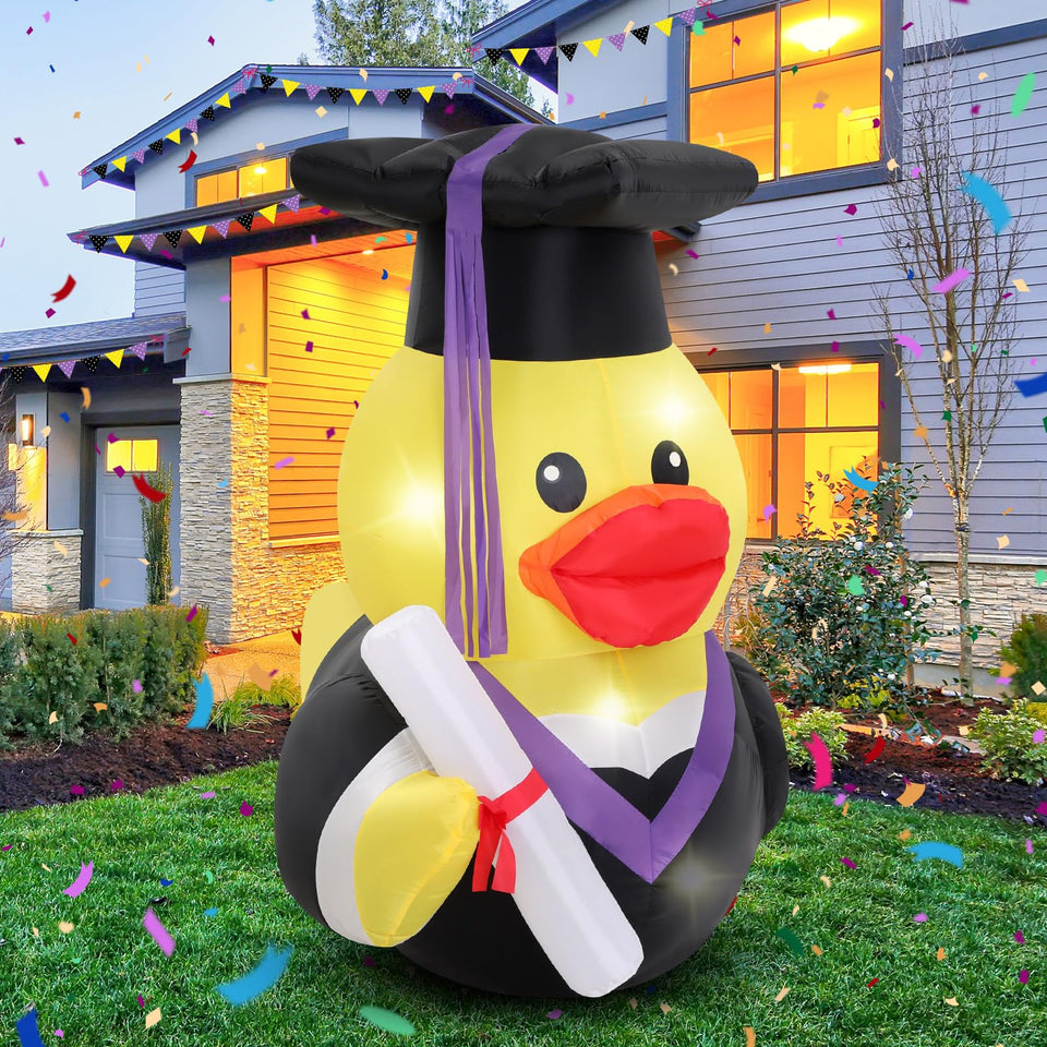 Leyndo 5ft graduation inflatable duck with cap and gown, front view for outdoor decor.
