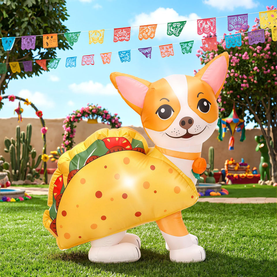 Leyndo Cinco de Mayo chihuahua taco inflatable front view with LED lights for festive curb appeal