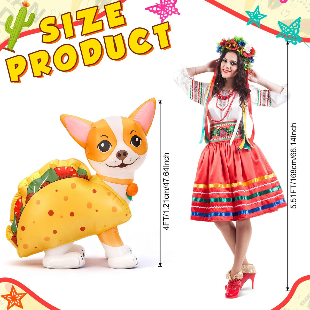 Leyndo Cinco de Mayo chihuahua taco inflatable side view showing colorful fiesta design